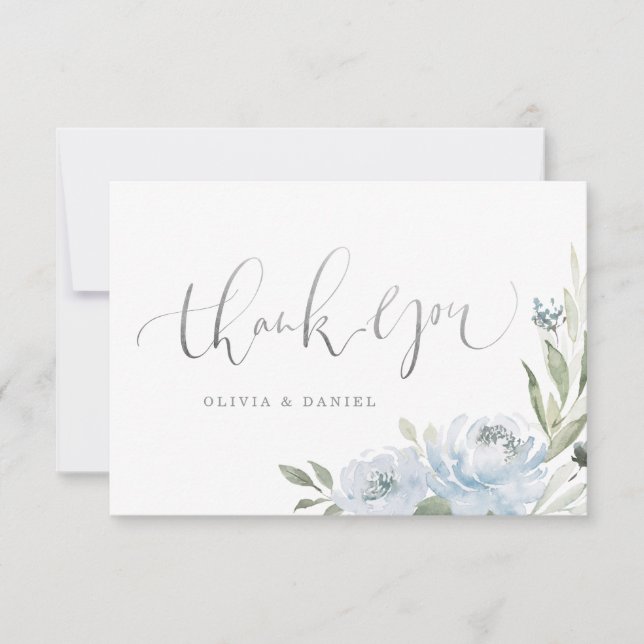 Tarjeta De Agradecimiento Calligrafía floral azul polvorienta de jardín romá (Anverso)