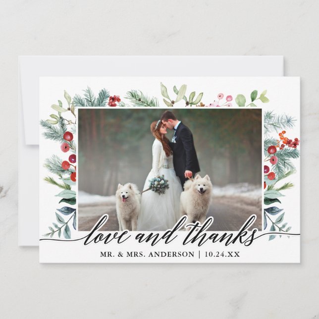 Tarjeta De Agradecimiento Calligrafía Invierno Greenery Amor Gracias Boda (Anverso)