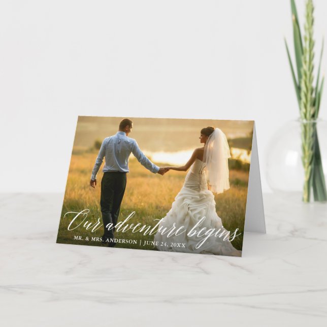 Tarjeta De Agradecimiento Calligrafía Nuestra aventura comienza el Boda (Anverso)