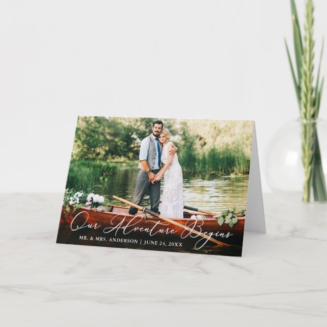 Tarjeta De Agradecimiento Calligrafía Nuestra aventura comienza el Boda (Anverso)