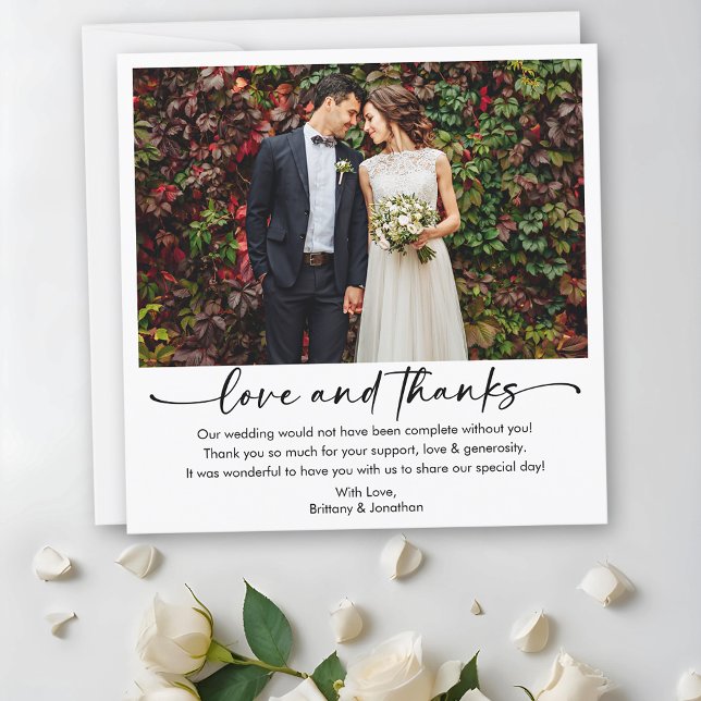 Tarjeta De Agradecimiento Calligrafía Tinta Pen Script Boda de fotos Square (Customize to add more text or photos to back of card.)