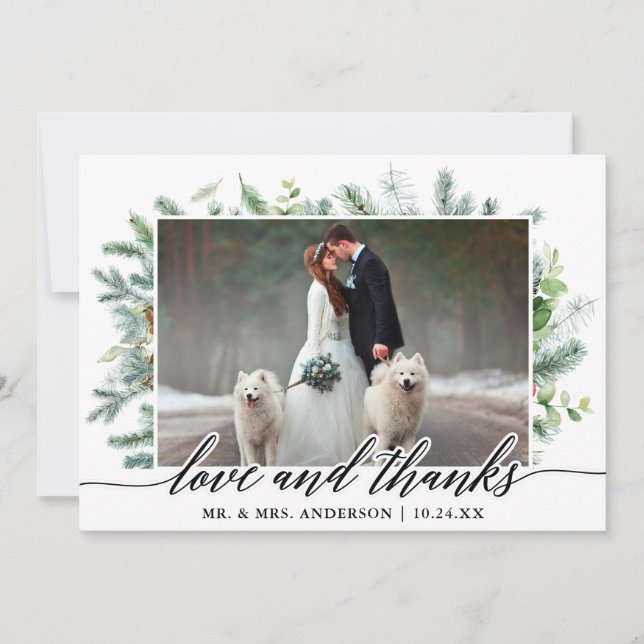 Tarjeta De Agradecimiento Calligrafía Vegetación Pine Amor Gracias Boda (Anverso)