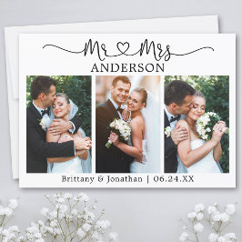 Tarjeta De Agradecimiento Calligraphy Heart 3 Fotos Sr. y Sra. Boda