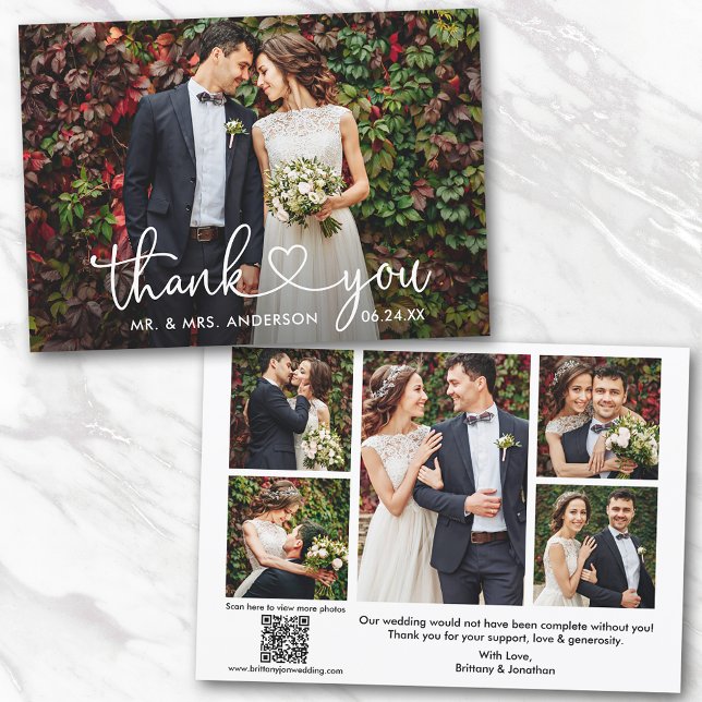 Tarjeta De Agradecimiento Calligraphy Heart 6 Fotos Boda de código QR (Add your wedding website link to the QR Code so guests can scan & view more of your photos online.)
