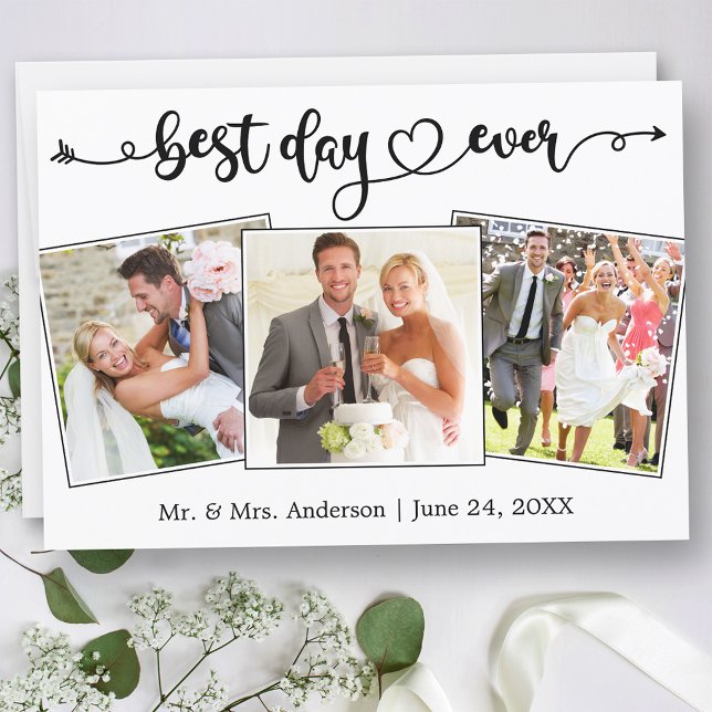 Tarjeta De Agradecimiento Calligraphy Heart Best Day Ever 3 Photos Wedding (Customize to change your personalized text size or text style.)
