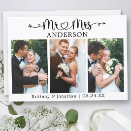 Tarjeta De Agradecimiento Calligraphy Heart Mr. and Mrs. 3 Photo Wedding