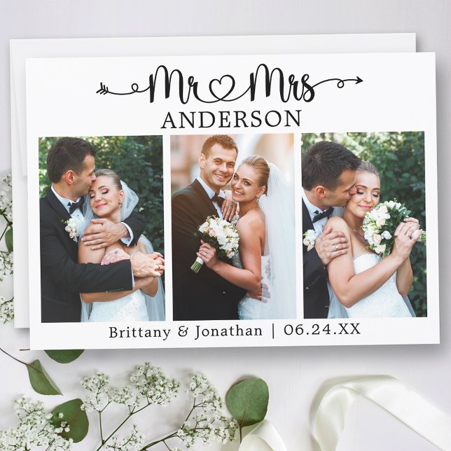Tarjeta De Agradecimiento Calligraphy Heart Mr. and Mrs. 3 Photo Wedding (Customize to change your personalized text size or text style.)