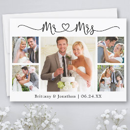 Tarjeta De Agradecimiento Calligraphy Heart Mr. and Mrs. 5 Photo Boda