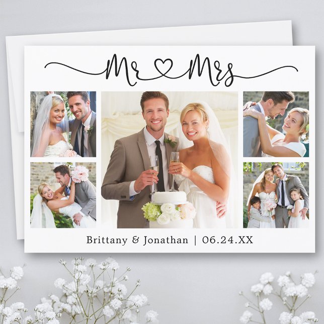 Tarjeta De Agradecimiento Calligraphy Heart Mr. and Mrs. 5 Photo Boda (Customize to change your personalized text size or text style.)