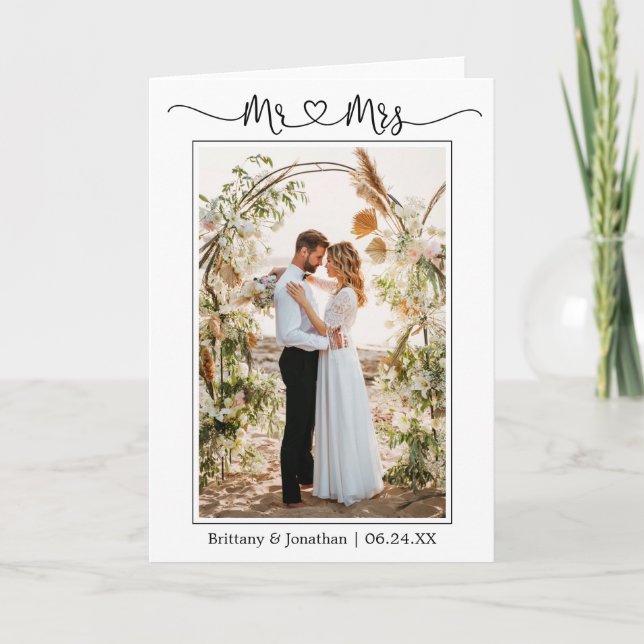 Tarjeta De Agradecimiento Calligraphy Heart Mr. and Mrs. Boda Photo Fold (Anverso)