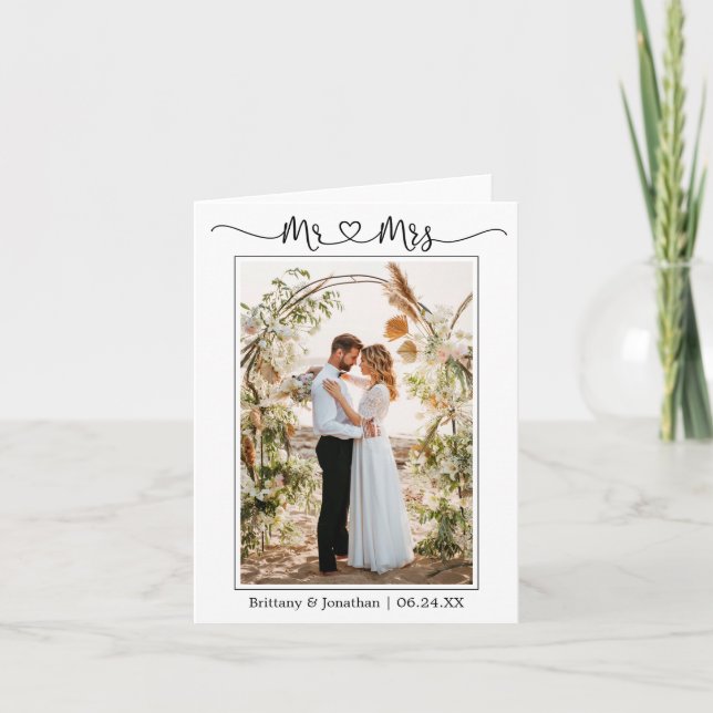 Tarjeta De Agradecimiento Calligraphy Heart Mr. and Mrs. Boda Photo Note (Anverso)