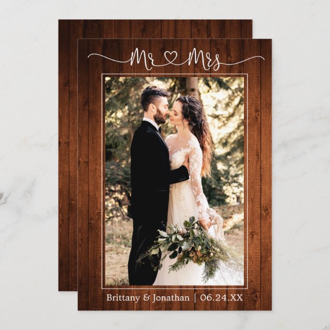 Tarjeta De Agradecimiento Calligraphy Heart Mr. and Mrs. Wood Boda Photo (Anverso / Reverso)