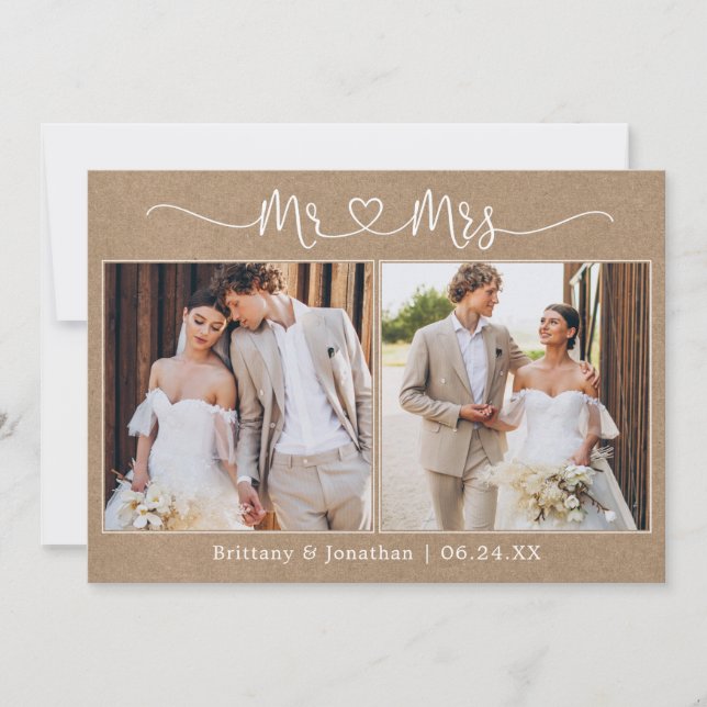 Tarjeta De Agradecimiento Calligraphy Heart Mr. Mrs. 2 Photo Boda Kraft (Anverso)