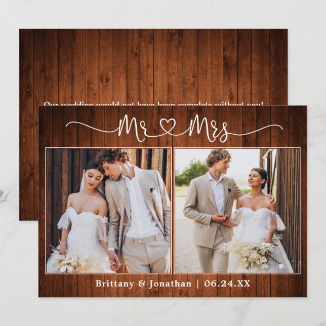 Tarjeta De Agradecimiento Calligraphy Heart Mr. Mrs. 2 Photo Boda Wood (Anverso / Reverso)