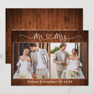 Tarjeta De Agradecimiento Calligraphy Heart Mr. Mrs. 2 Photo Boda Wood