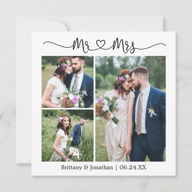 Tarjeta De Agradecimiento Calligraphy Heart Mr. Mrs. 3 Boda de fotos Square (Anverso)