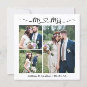 Tarjeta De Agradecimiento Calligraphy Heart Mr. Mrs. 3 Boda de fotos Square
