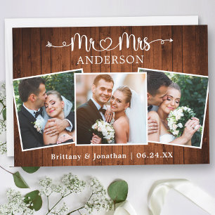 Tarjeta De Agradecimiento Calligraphy Heart Mr. Mrs. 3 Fotos Boda Wood