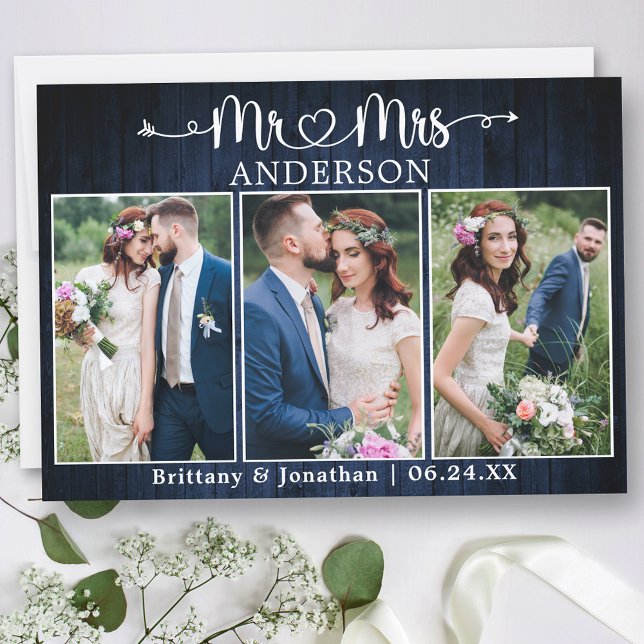 Tarjeta De Agradecimiento Calligraphy Heart Mr. Mrs. Blue Wood Wedding (Customize to change your personalized text size or text style.)