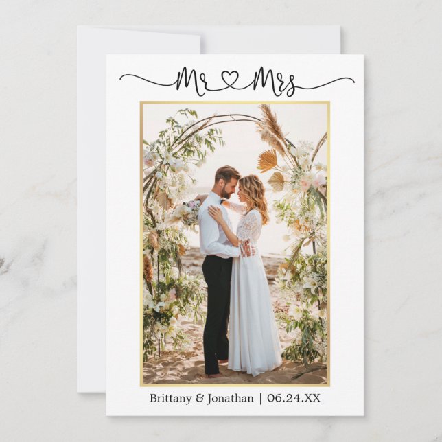 Tarjeta De Agradecimiento Calligraphy Heart Mr. Mrs. Boda Photo Gold (Anverso)