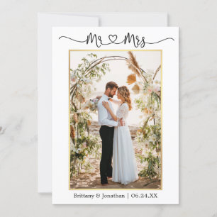 Tarjeta De Agradecimiento Calligraphy Heart Mr. Mrs. Boda Photo Gold