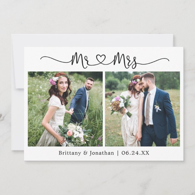 Tarjeta De Agradecimiento Calligraphy Heart Mr. y Mrs. 2 Photo Boda (Anverso)