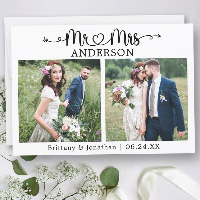 Tarjeta De Agradecimiento Calligraphy Heart Mr. y Mrs. 2 Photo Boda (Customize to change your personalized text size or text style.)
