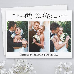 Tarjeta De Agradecimiento Calligraphy Heart Mr. y Mrs. 3 Photo Boda