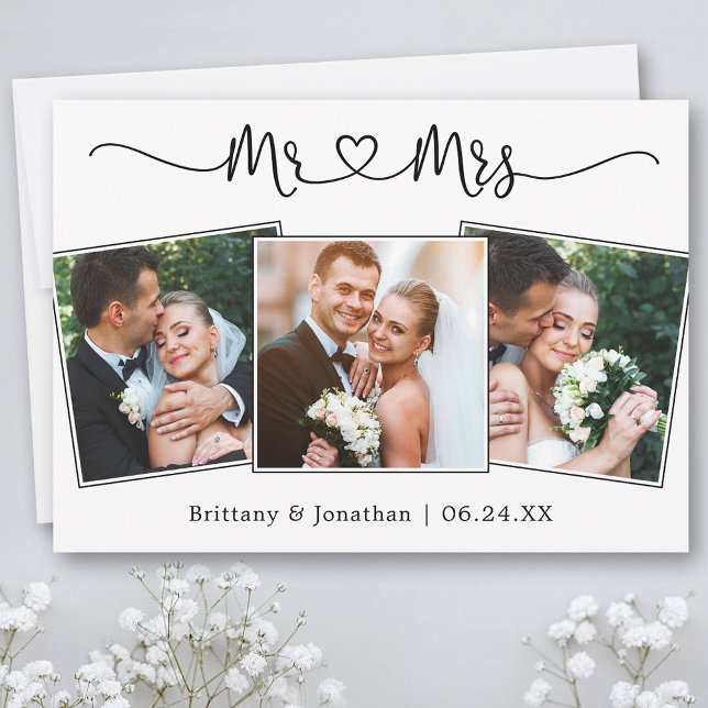 Tarjeta De Agradecimiento Calligraphy Heart Mr. y Mrs. Boda 3 Foto (Customize to change your personalized text size or text style.)