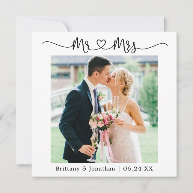 Tarjeta De Agradecimiento Calligraphy Heart Mr. y Mrs. Boda Photo (Anverso)