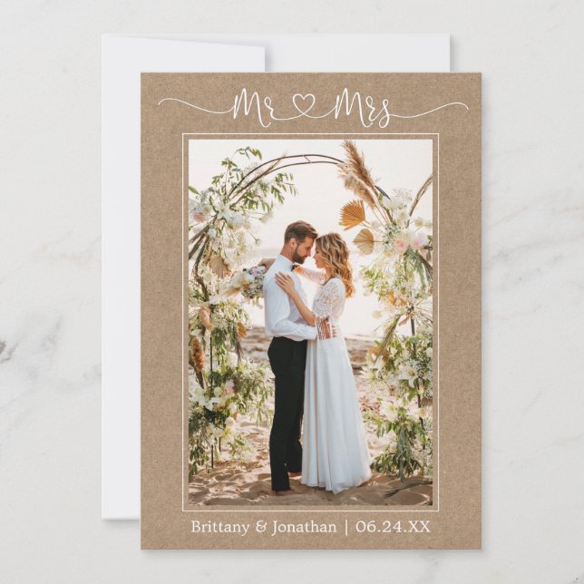 Tarjeta De Agradecimiento Calligraphy Heart Mr. y Mrs. Boda Photo Kraft (Anverso)