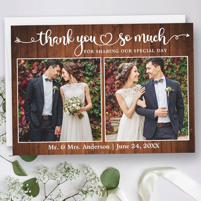 Tarjeta De Agradecimiento Calligraphy Heart Script Wood 2 Photo Boda (Customize to change your personalized text size or text style.)