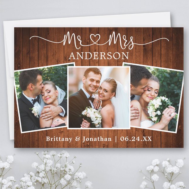 Tarjeta De Agradecimiento Calligraphy Heart Sr. Sra. Boda 3 Fotos Madera (Customize to change your personalized text size or text style.)