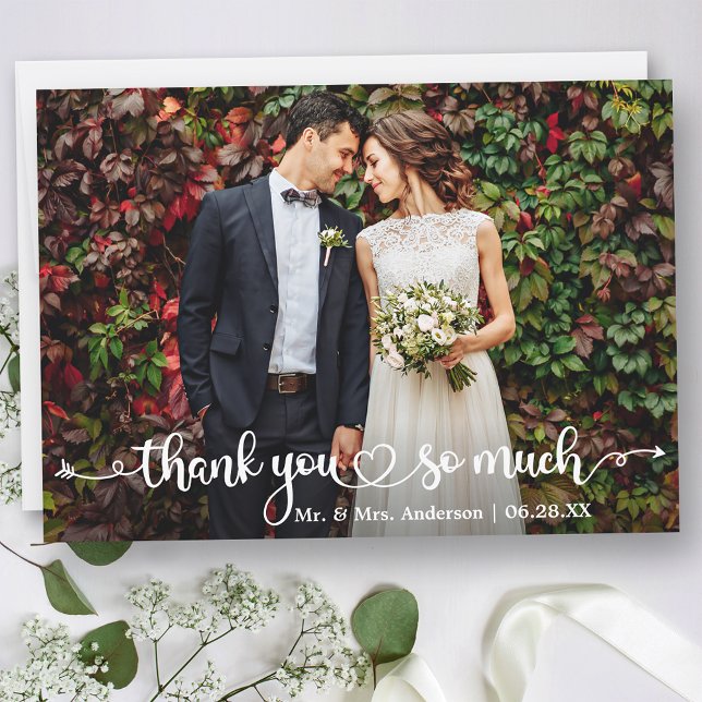 Tarjeta De Agradecimiento Calligraphy Heart Wedding Photo (Customize to change your personalized text size or text style.)