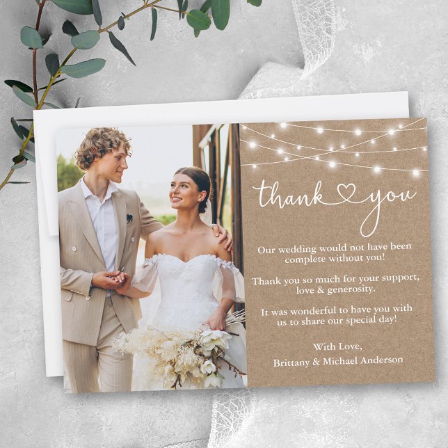 Tarjeta De Agradecimiento Calligraphy Hearts Lights Boda Photo Kraft (Customize to add more text or photos to back of card.)