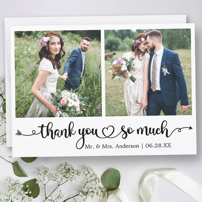 Tarjeta De Agradecimiento Calligraphy Script Heart 2 Photo Wedding (Customize to change your personalized text size or text style.)