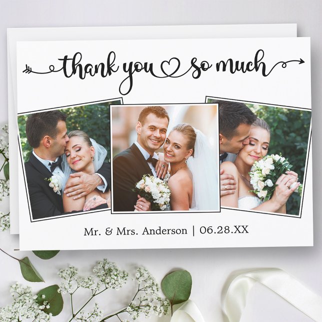 Tarjeta De Agradecimiento Calligraphy Script Heart 3 Photos Wedding (Customize to change your personalized text size or text style.)