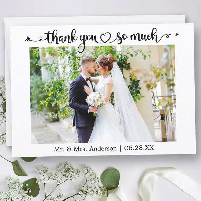 Tarjeta De Agradecimiento Calligraphy Script Heart Wedding Photo (Customize to change your personalized text size or text style.)
