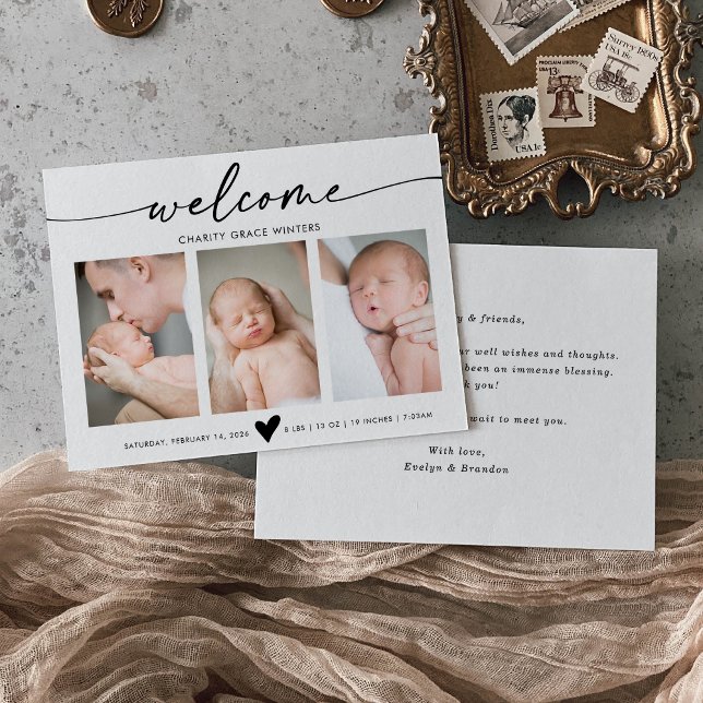 Tarjeta De Agradecimiento Calligraphy Welcome Photo Baby Announcement Card (Subido por el creador)