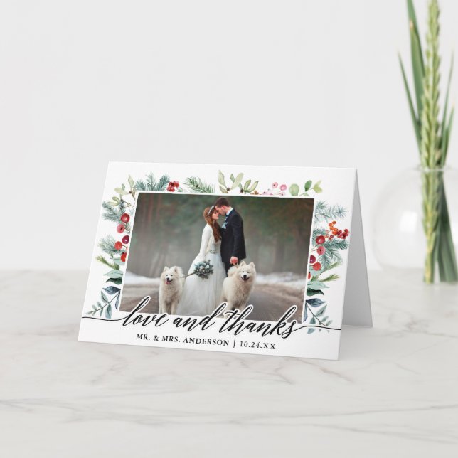 Tarjeta De Agradecimiento Calligraphy Winter Greenery Boda Fold (Anverso)