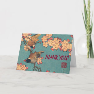 Tarjeta De Agradecimiento Camachuelo de Hokusai y Flor de Cerezo Ave Vintage