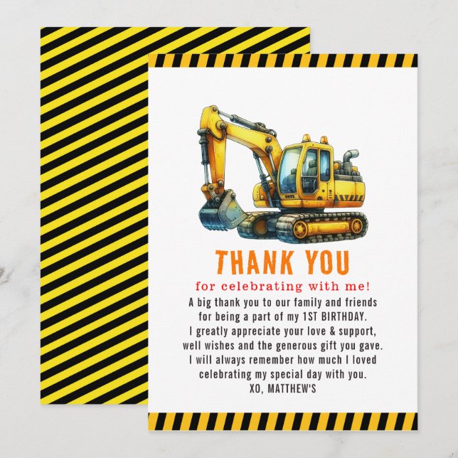 Tarjeta De Agradecimiento Camión basurero de construcción Fiesta de cumpleañ (Anverso / Reverso)