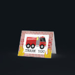 Tarjeta De Agradecimiento Camión de bomberos llama a Brick Birthday Gracias<br><div class="desc">Ilustracion de camión de bomberos con fondo de ladrillo y llamas.</div>