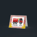 Tarjeta De Agradecimiento Camión de Bomberos Llamas Ladrillo Cumpleaños Grac<br><div class="desc">Ilustración de camión de bomberos con fondo de ladrillo y llamas.</div>