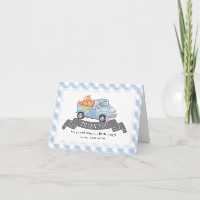 Tarjeta De Agradecimiento Camión de calabaza azul Gingham Boy Baby Shower (Anverso)
