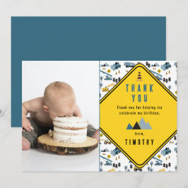 Tarjeta De Agradecimiento Camión de Construcción Azul Foto Cumpleaños Fiesta