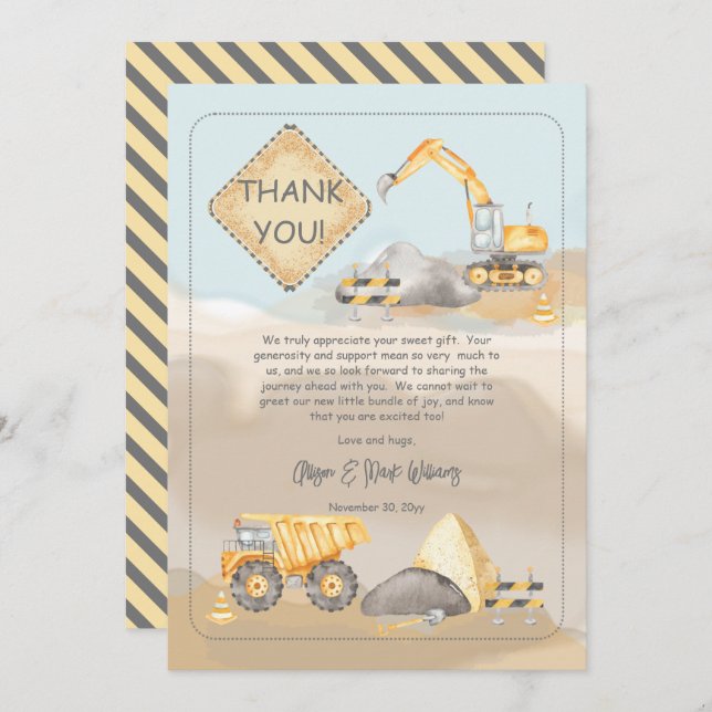 Tarjeta De Agradecimiento Camión de construcción Baby Shower (Anverso / Reverso)