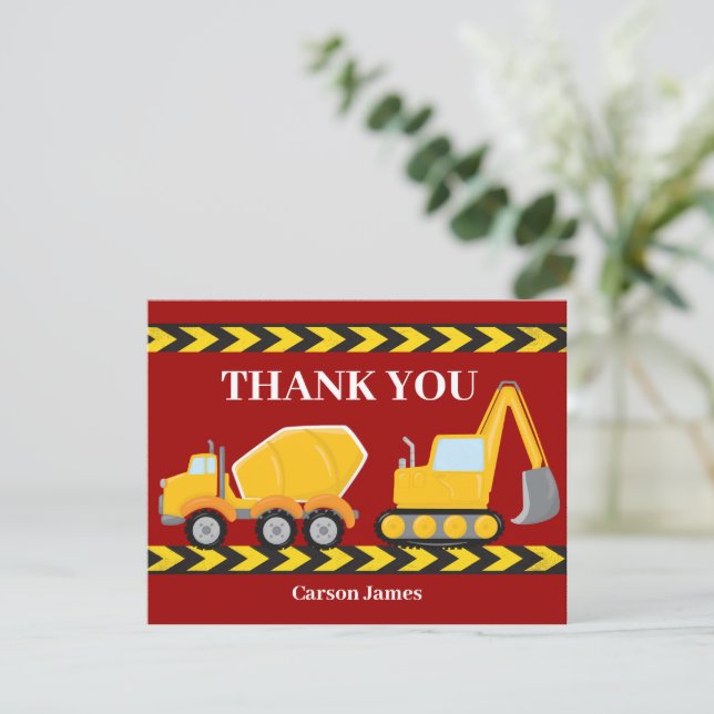 Tarjeta De Agradecimiento Camión de construcción roja personalizado Fiesta d (Anverso de pie)
