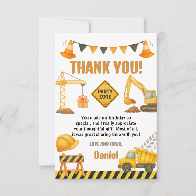 Tarjeta De Agradecimiento Camión de volteo de cumpleaños de construcción (Anverso)