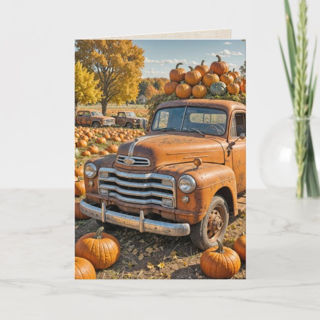 Tarjeta De Agradecimiento Camión Retro con Calabazas para Acción de Gracias (Anverso)